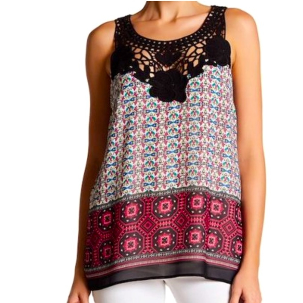 DR2 Black Abstract Print Crochet-Lace Knit Top